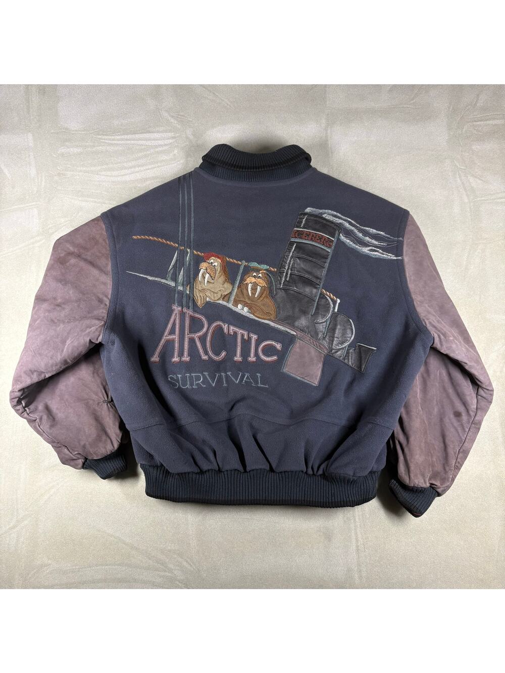 Vintage Iceberg History Arctic Survival Bomber Jacket‎ Italy Leather Sleeve 52